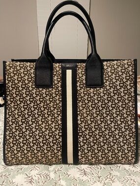 DKNY Brown Monogram Tote with Black Handles and Cream Stripe